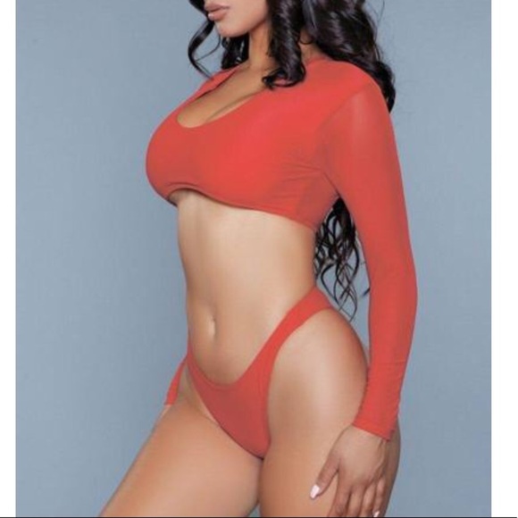 BE WICKED 1980 Cardi Red Long Sleeve Bikini Set - Picture 4 of 12